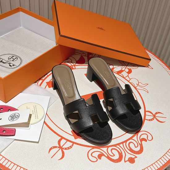 Hermes Black Palmprint Middle Heel Calfskin Leather Sandals
