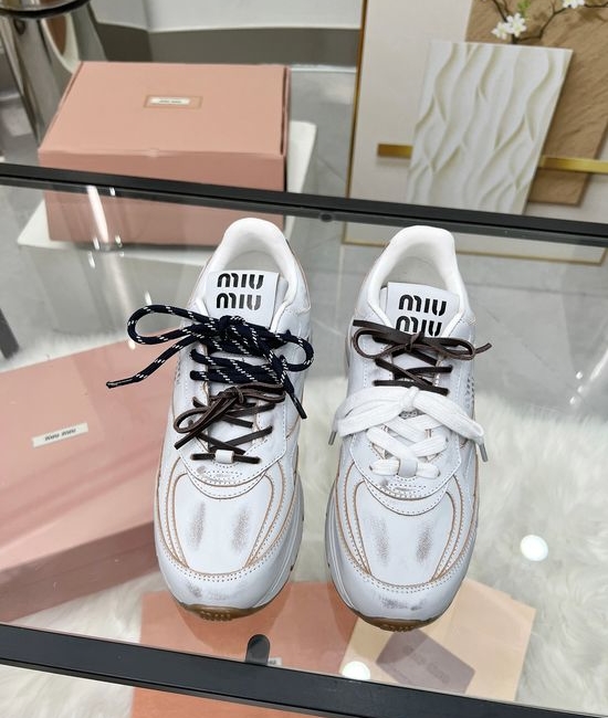 Miu Miu Vintage Leather Chunky Sneakers Soft Height Boosting Comfort Shoes