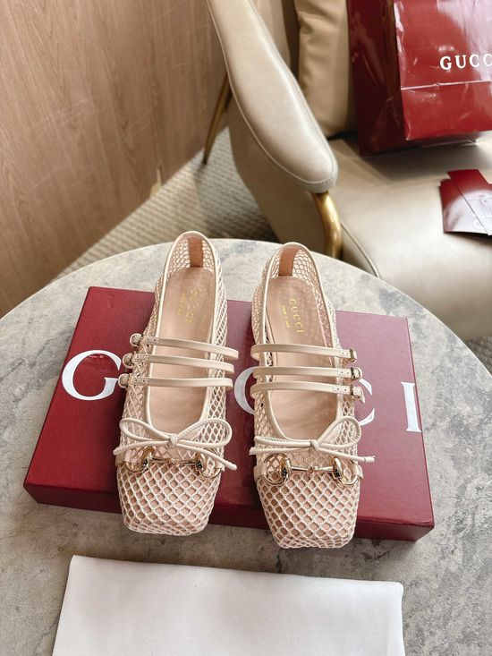 Gucci Pink Mesh Bow Square Toe Ballet Flats