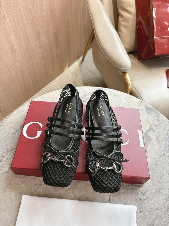 Gucci Black Mesh Bow Square Toe Ballet Flats