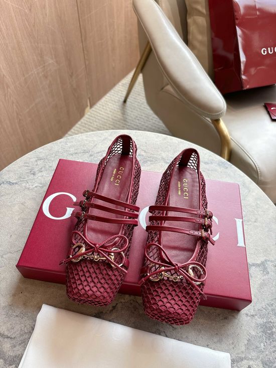 Gucci Burgundy Mesh Bow Square Toe Ballet Flats