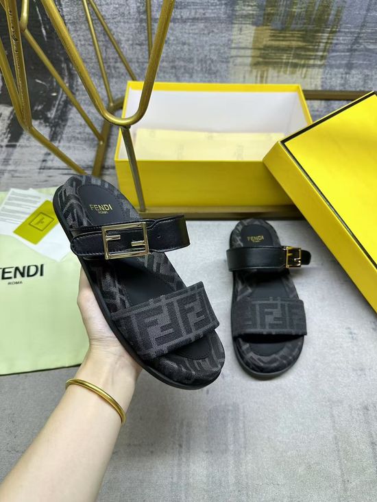 Fendi Dual Strap Embossed Pattern Flat Slide Sandals