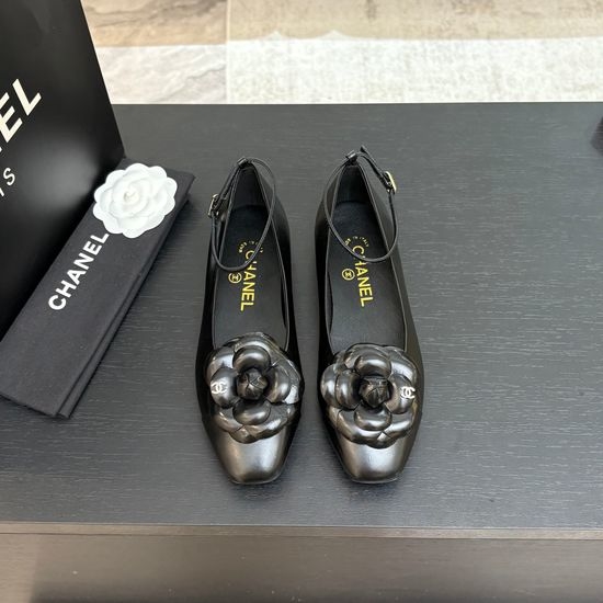 Chanel Camellia Decor Square Toe Leather Flat Mary Jane Shoes