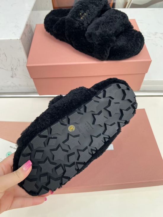 Miu Miu Wool Casual Slippers Leather Logo TPU Non Slip Sole