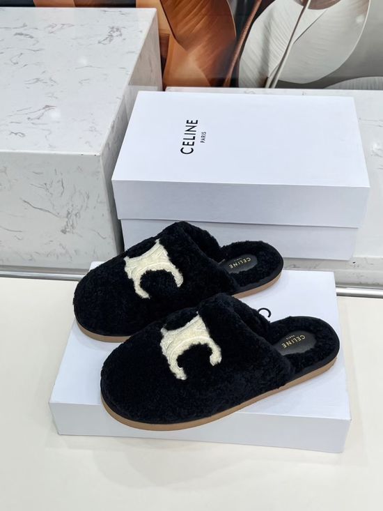 Celine Pure Wool Sheepskin Logo Non-slip Warm Slippers