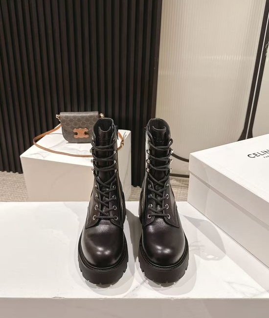 Celine Genuine Leather Thick Sole Lace-up Martin Boots