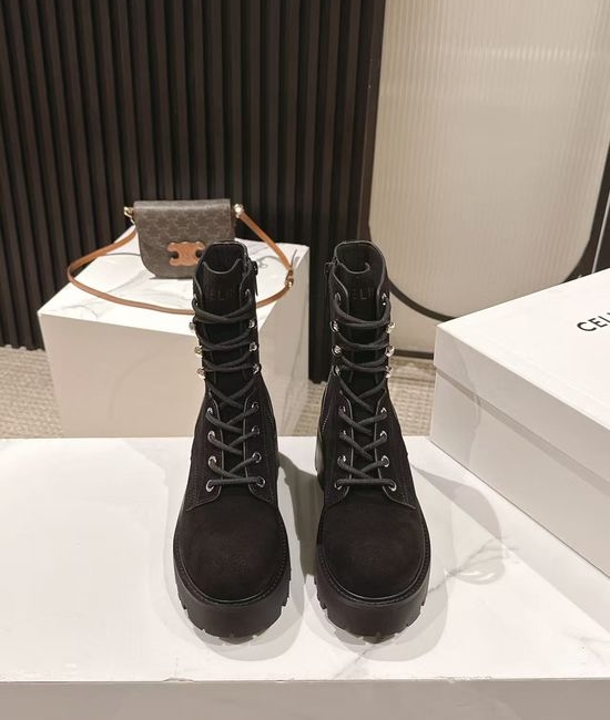 Celine Genuine Leather Thick Sole Lace-up Martin Boots