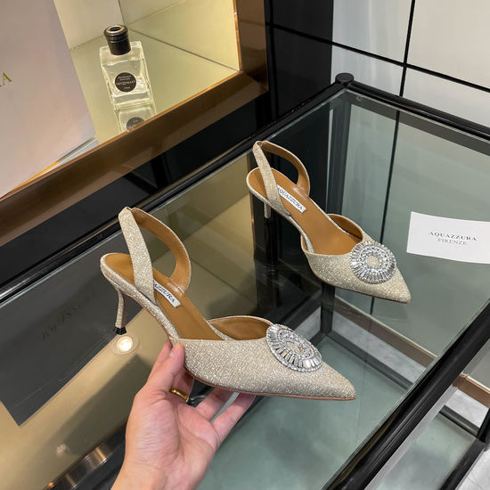 Aquazzura Rhinestone Buckle Peep Toe High Heel Slides