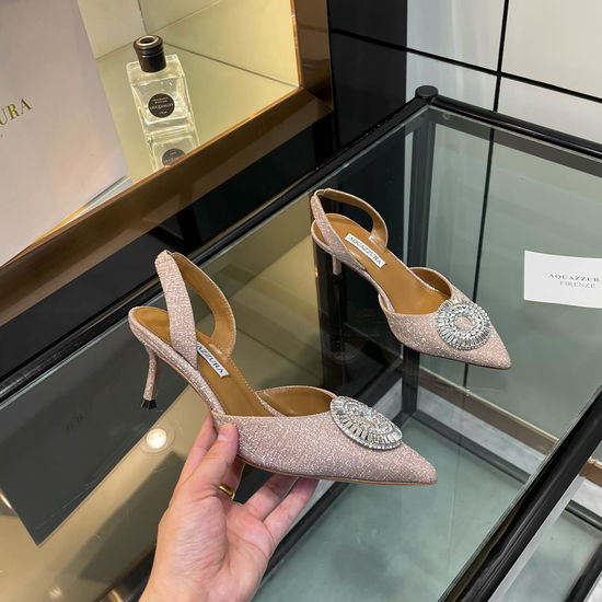 Aquazzura Rhinestone Buckle Peep Toe High Heel Slides