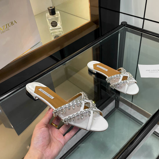 Aquazzura Rhinestone Embellished Low Heel Patent Leather Slides