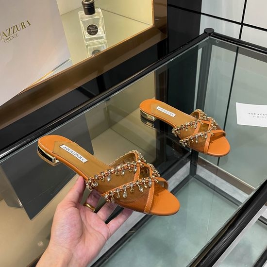 Aquazzura Rhinestone Decor Chunky Heel Patent Leather Slippers