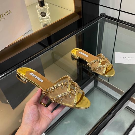 Aquazzura Rhinestone Decor Chunky Heel Patent Leather Slippers