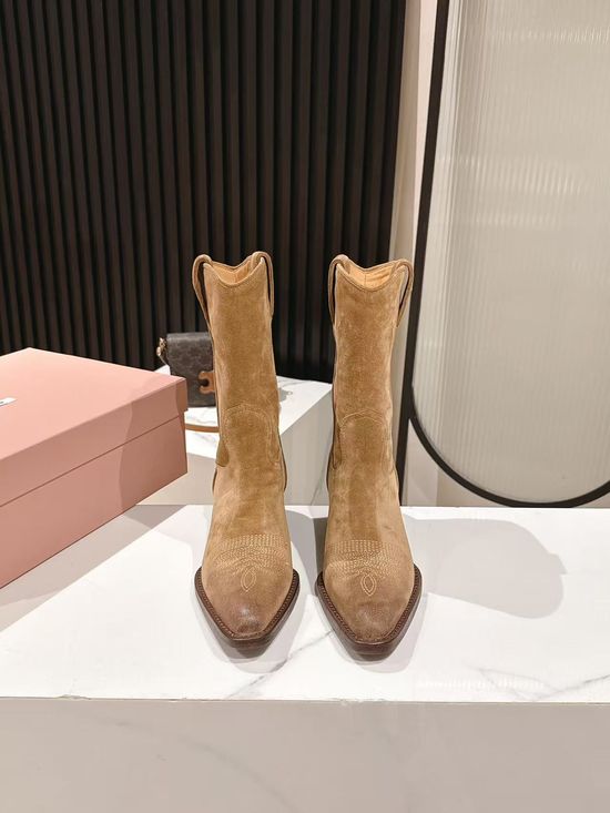 Miu Miu Soft Leather Western Cowboy Boots with Chunky Sole