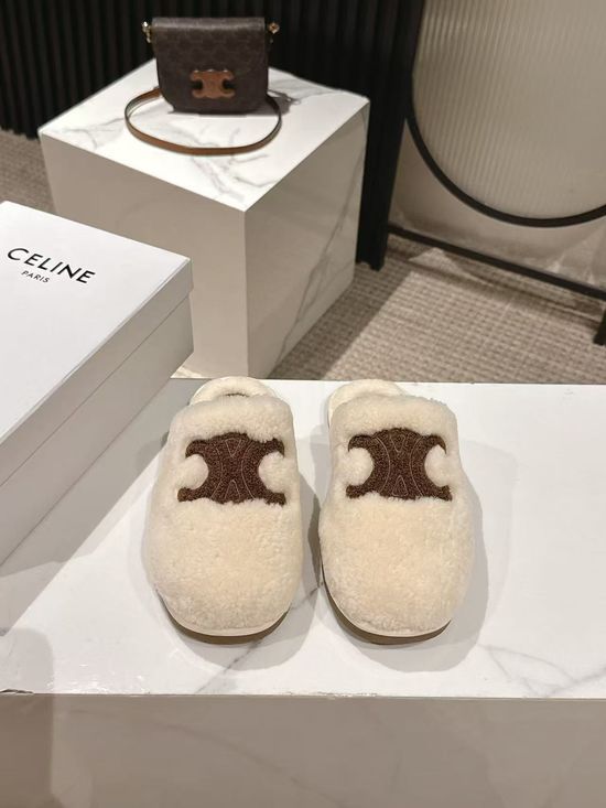 Celine Wool Lined Slippers Anti-slip Sole Elegant Design