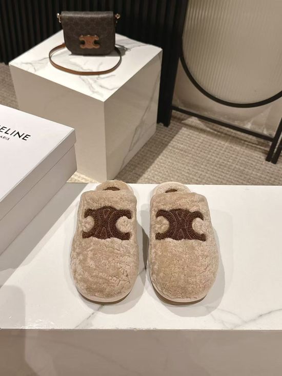 Celine Wool Lined Slippers Anti-slip Sole Elegant Design