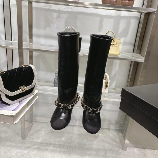Chanel Turned Cuff Chunky Heel Boots With Chain Decor