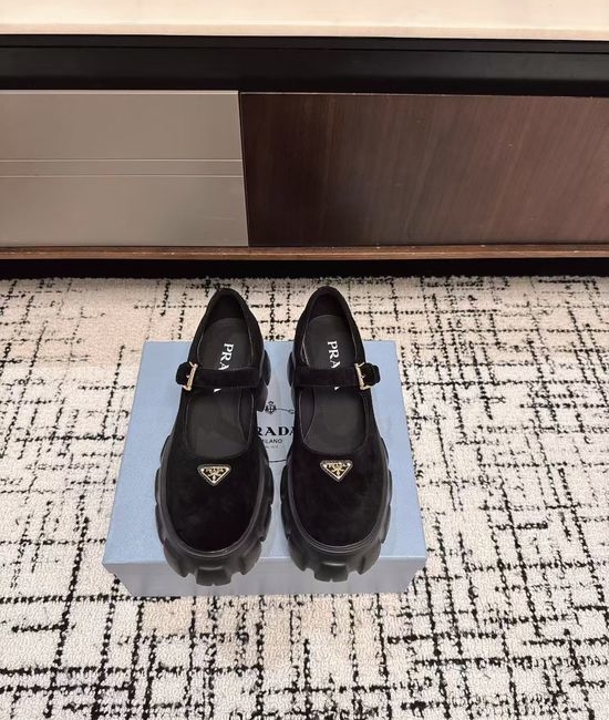 Prada Genuine Leather Buckle Platform Mary Jane Shoes Classic Comfort