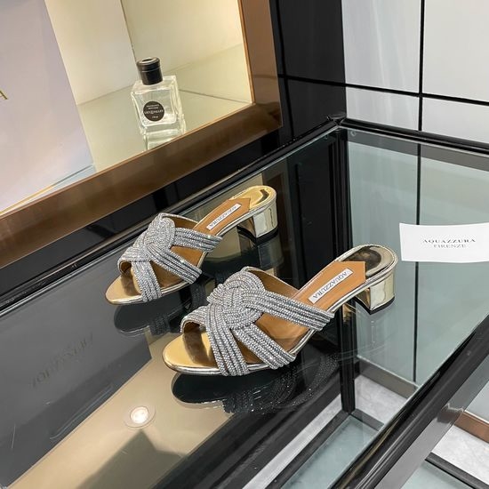 Aquazzura Rhinestone Embellished Low Block Heel Slides