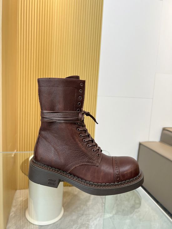 Miu Miu Distressed Leather Ankle Boots Thick Sole Casual Footwear