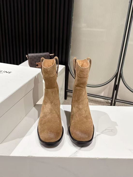 Celine Suede Western Ankle Boots with Low Heel