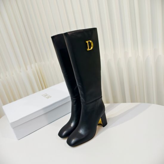 Christian Dior CD Genuine Leather Knee High Boots with Block Heel