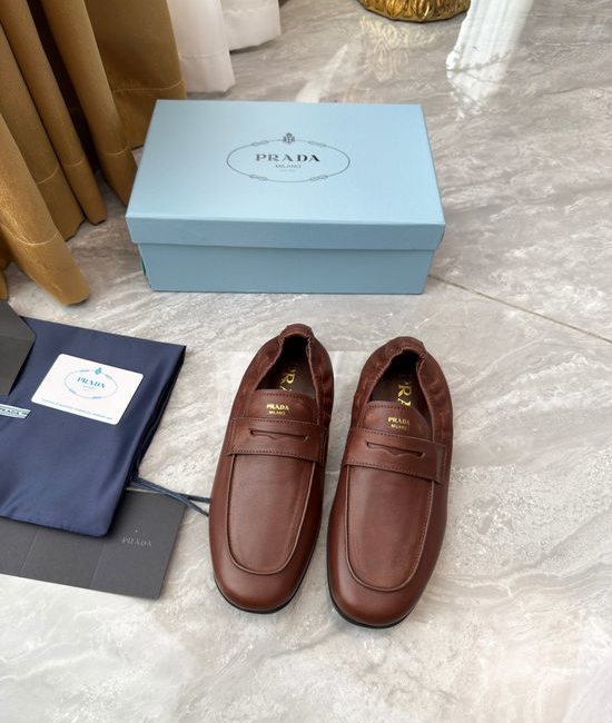 Prada Elastic Trim Slip-on Loafers Comfortable Casual Leather Shoes