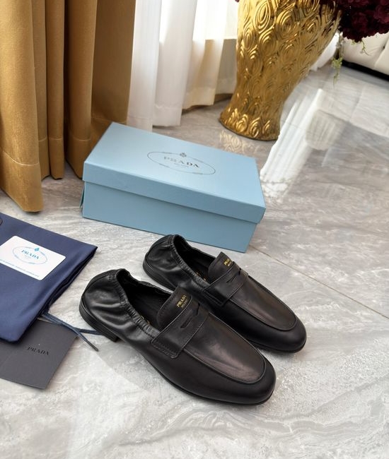 Prada Elastic Trim Slip-on Loafers Comfortable Casual Leather Shoes