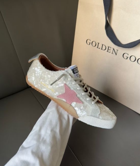 Golden Goose GGDB Pink Star White Sequin Soft Leather Comfortable Casual Sneakers