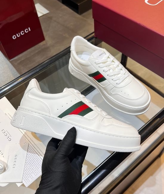 Gucci Premium Leather White Sneakers Lightweight Soft Thick Sole