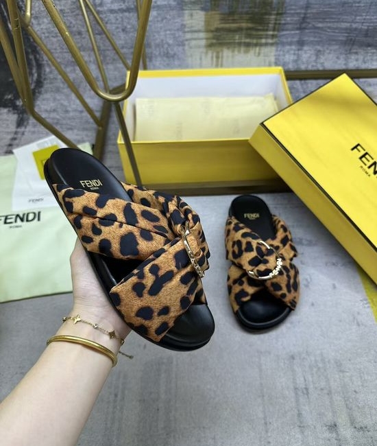 Fendi Double Strap Flat Slippers Leopard Print With Decorative Buckle