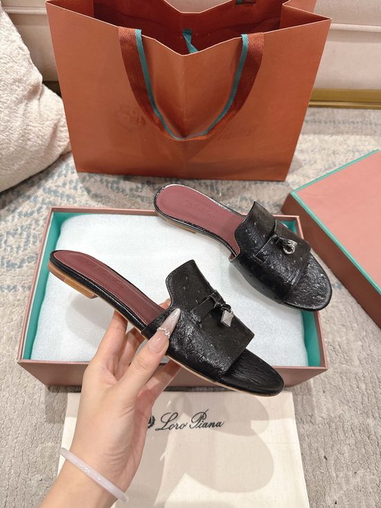 Loro Piana Ostrich Pattern Leather Comfortable Casual Slides