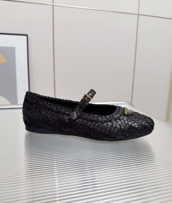 Prada Leather Straw Woven Ballet Flat Shoes
