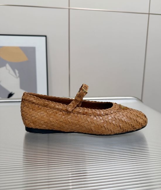 Prada Leather Straw Woven Ballet Flat Shoes