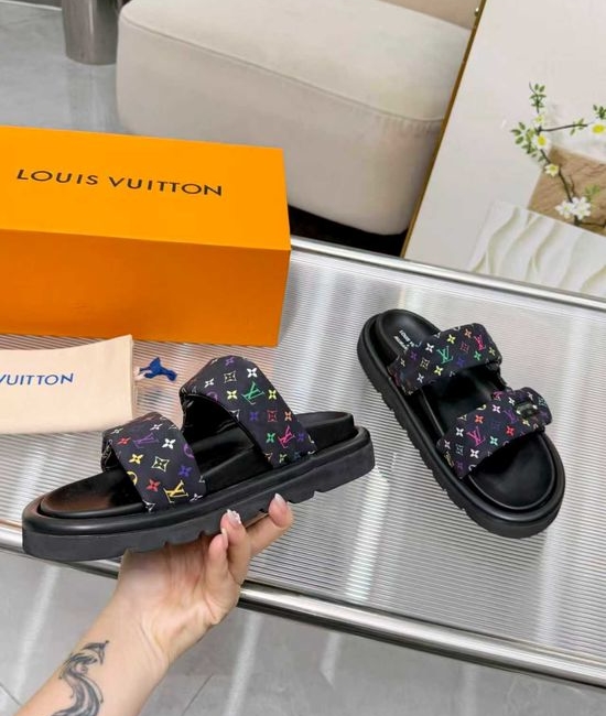 Louis Vuitton LV Premium Printed Silk Lined Leather Platform Slides