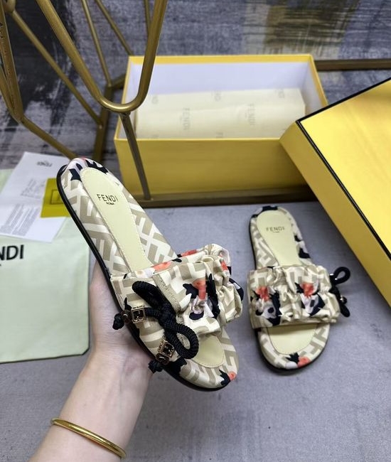 Fendi Satin Bow Flat Slides With Sheepskin Insole