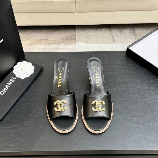 Chanel Classic Emblem Sheepskin Wedge Slide Sandals