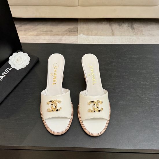 Chanel Classic Emblem Sheepskin Wedge Slide Sandals