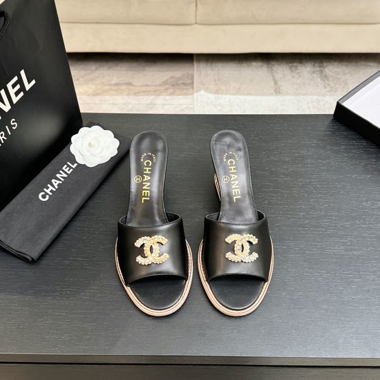 Chanel Classic Emblem Sheepskin Wedge Slide Sandals