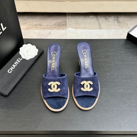 Chanel Classic Emblem Sheepskin Wedge Slide Sandals