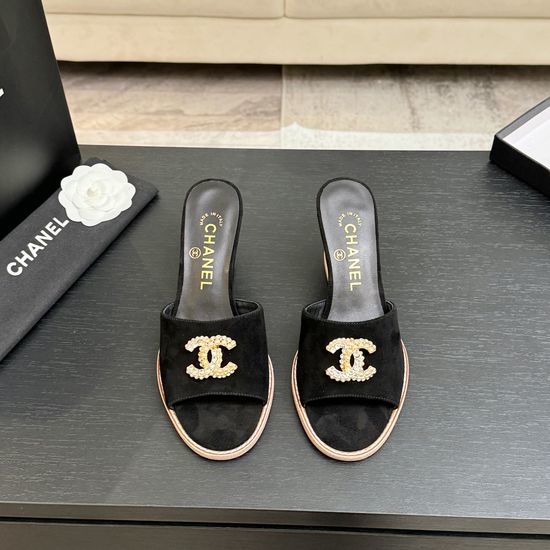 Chanel Classic Emblem Sheepskin Wedge Slide Sandals