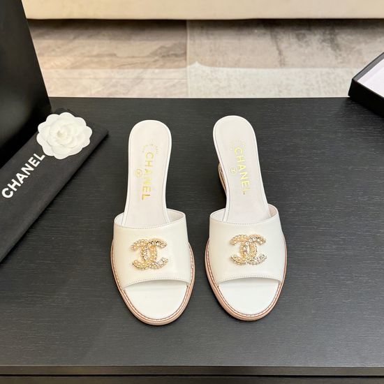 Chanel Classic Emblem Sheepskin Wedge Slide Sandals