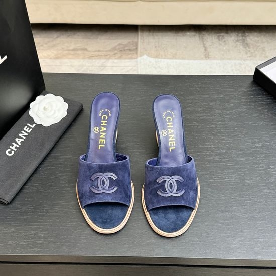 Chanel Classic Emblem Sheepskin Wedge Slide Sandals
