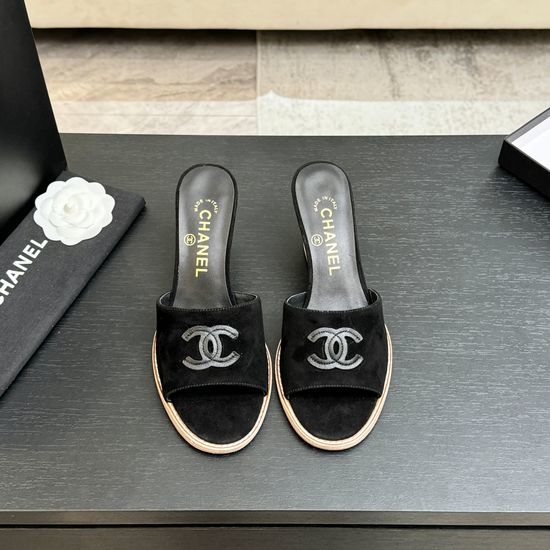 Chanel Classic Emblem Sheepskin Wedge Slide Sandals