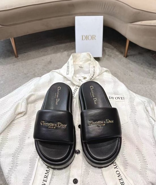 Christian Dior CD Genuine Leather Strap Slide Sandals with Decorative Buckle