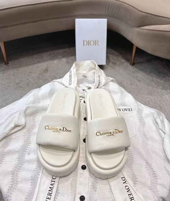 Christian Dior CD Genuine Leather Strap Slide Sandals with Decorative Buckle