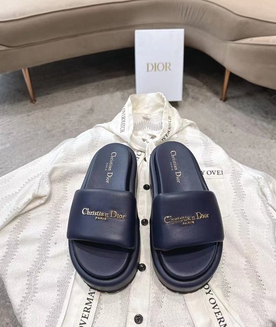 Christian Dior CD Genuine Leather Strap Slide Sandals with Decorative Buckle
