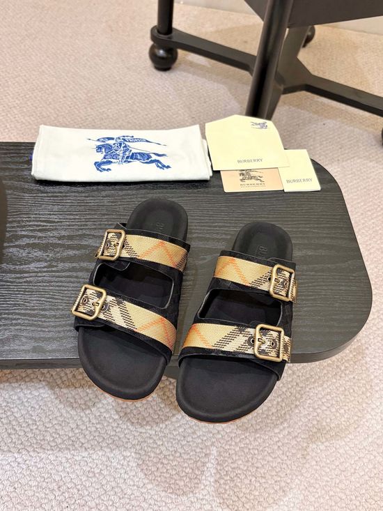 Burberry Suede Adjustable Buckle Plaid Slides Soft Lining