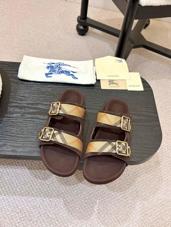 Burberry Suede Adjustable Buckle Plaid Slides Soft Lining
