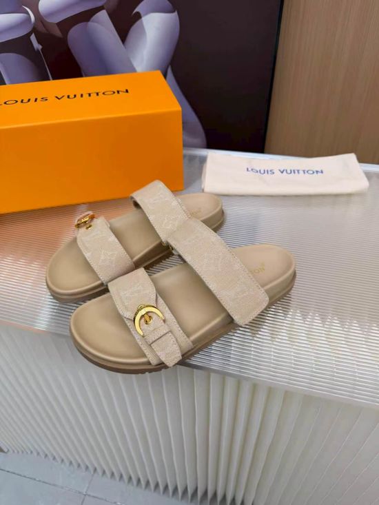 Louis Vuitton Cowhide Canvas Lined Slides Comfort Sandals
