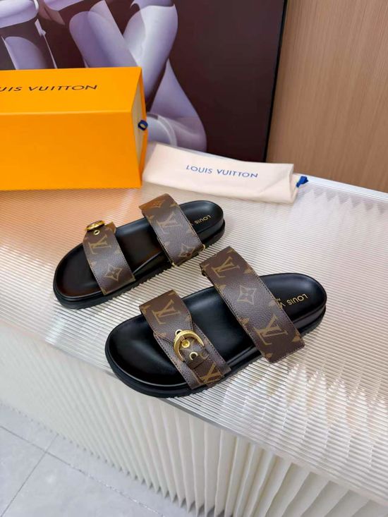Louis Vuitton Cowhide Canvas Lined Slides Comfort Sandals